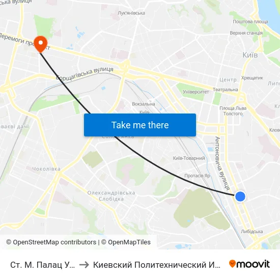 Ст. М. Палац Україна to Киевский Политехнический Институт КПИ map