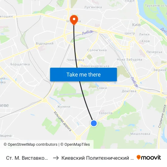 Ст. М. Виставковий Центр to Киевский Политехнический Институт КПИ map
