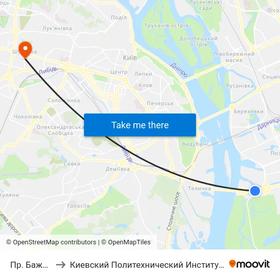Пр. Бажана to Киевский Политехнический Институт КПИ map