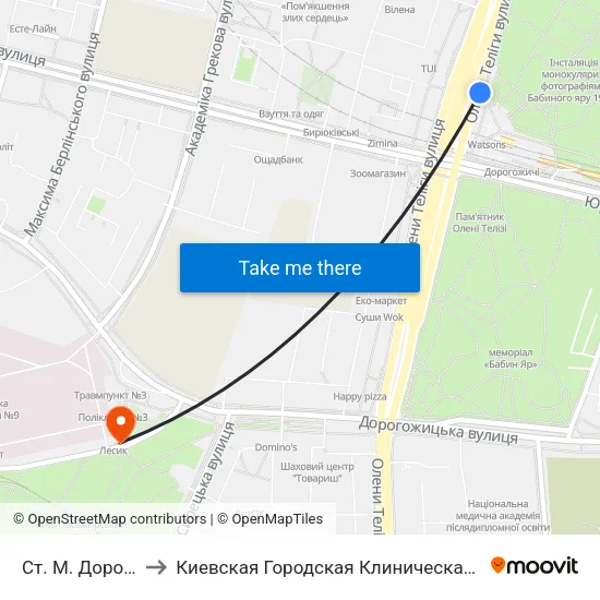 Ст. М. Дорогожичі to Киевская Городская Клиническая больница №9 map