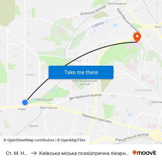 Ст. М. Нивки to Київська міська психіатрична лікарня ім. Павлова map