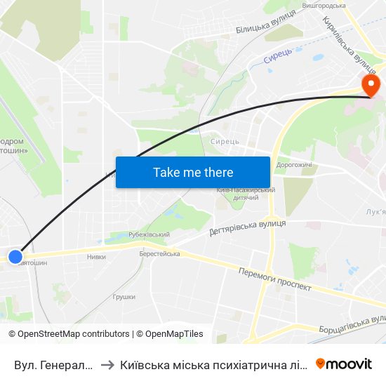 Вул. Генерала Вітрука to Київська міська психіатрична лікарня ім. Павлова map