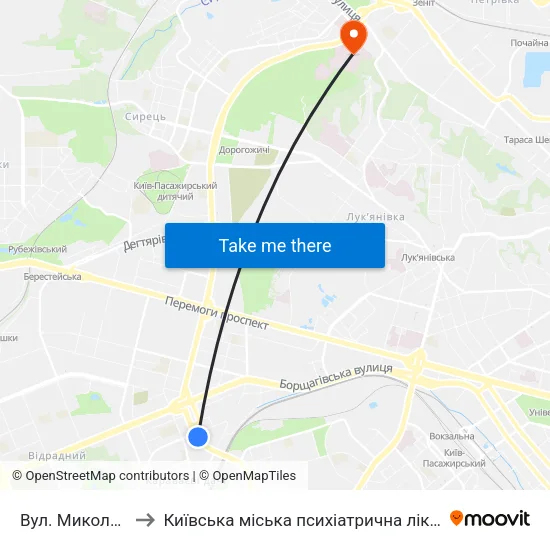 Вул. Миколи Голего to Київська міська психіатрична лікарня ім. Павлова map