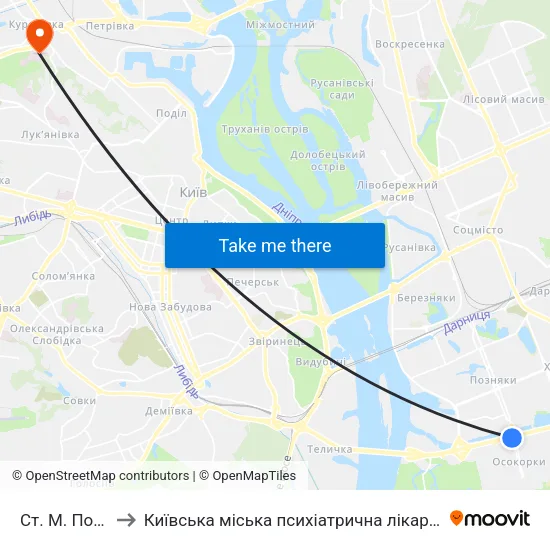 Ст. М. Позняки to Київська міська психіатрична лікарня ім. Павлова map