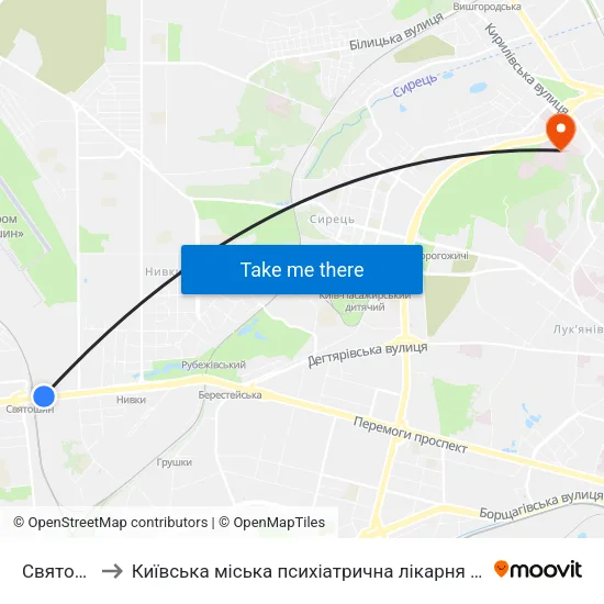Святошин to Київська міська психіатрична лікарня ім. Павлова map