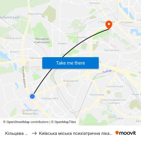 Кільцева Дорога to Київська міська психіатрична лікарня ім. Павлова map