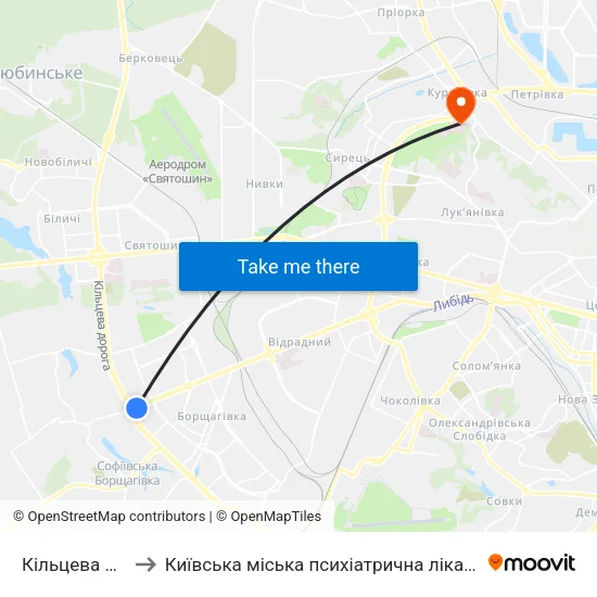 Кільцева Дорога to Київська міська психіатрична лікарня ім. Павлова map