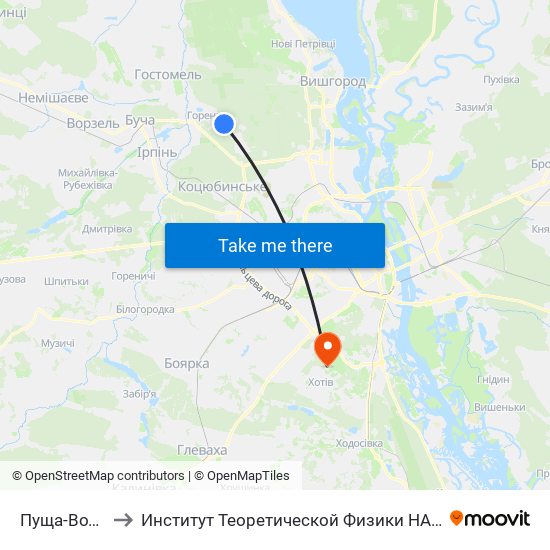 Пуща-Водиця to Институт Теоретической Физики НАН Украины map