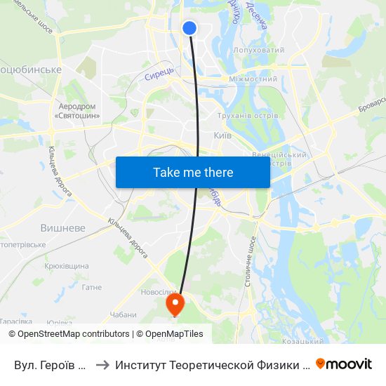 Вул. Героїв Дніпра to Институт Теоретической Физики НАН Украины map