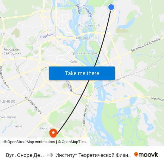 Вул. Оноре Де Бальзака to Институт Теоретической Физики НАН Украины map