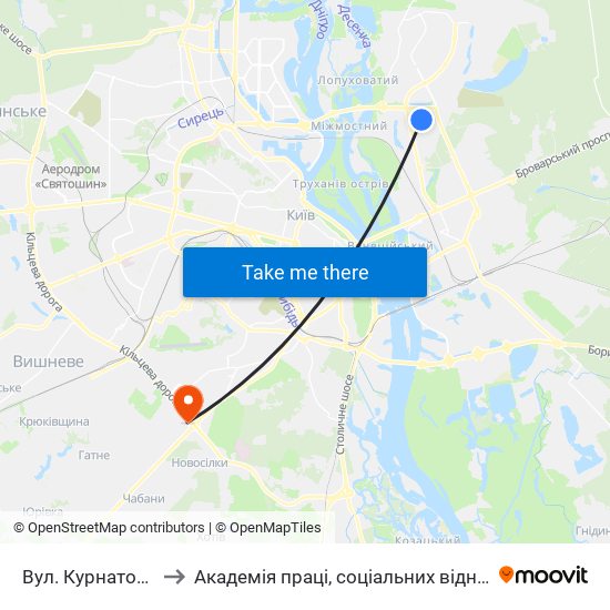 Вул. Курнатовського to Академія праці, соціальних відносин і туризму map