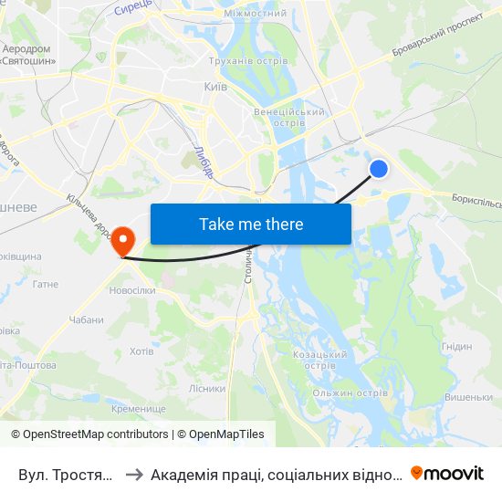 Вул. Тростянецька to Академія праці, соціальних відносин і туризму map