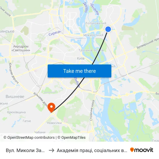 Вул. Миколи Закревського to Академія праці, соціальних відносин і туризму map