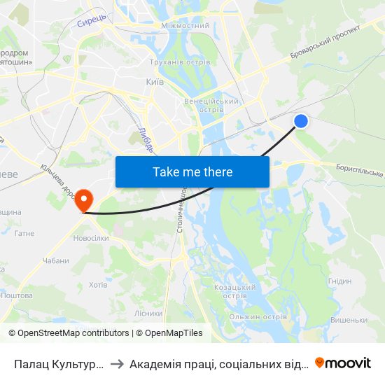Палац Культури Дніпро to Академія праці, соціальних відносин і туризму map