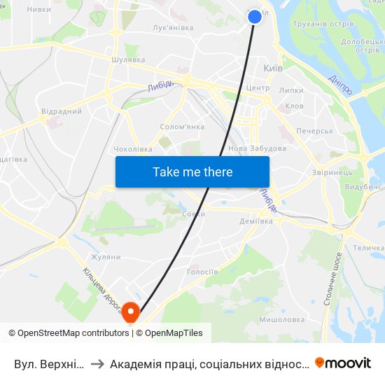 Вул. Верхній Вал to Академія праці, соціальних відносин і туризму map