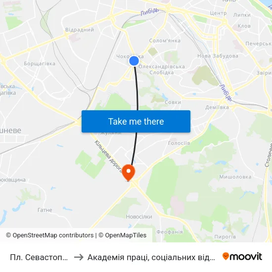 Пл. Севастопольська to Академія праці, соціальних відносин і туризму map