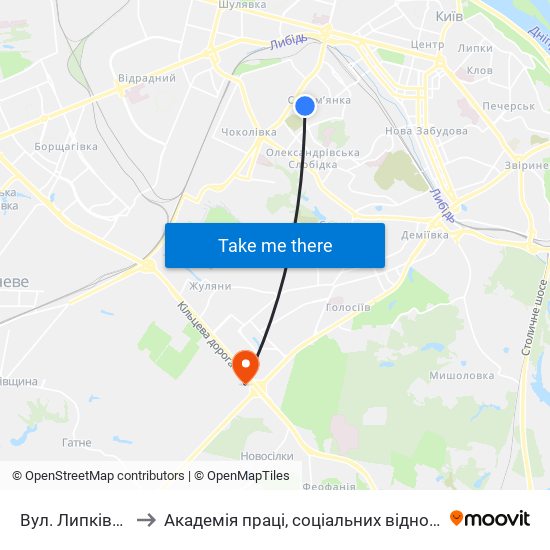 Вул. Липківського to Академія праці, соціальних відносин і туризму map