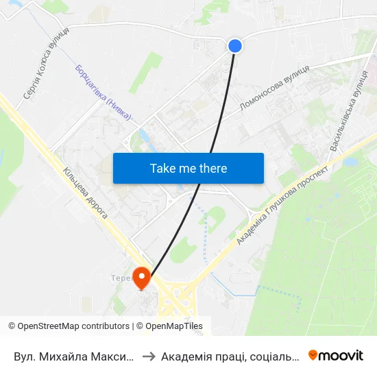 Вул. Михайла Максимовича (На Вимогу) to Академія праці, соціальних відносин і туризму map