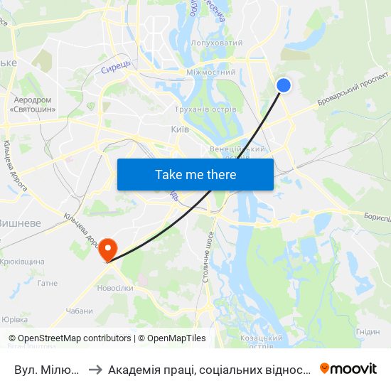 Вул. Мілютенка to Академія праці, соціальних відносин і туризму map