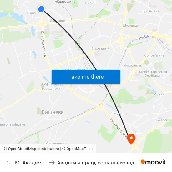 Ст. М. Академмістечко to Академія праці, соціальних відносин і туризму map