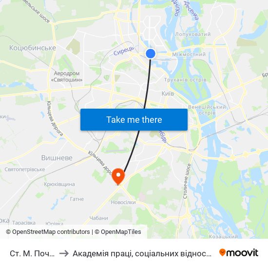 Ст. М. Почайна to Академія праці, соціальних відносин і туризму map