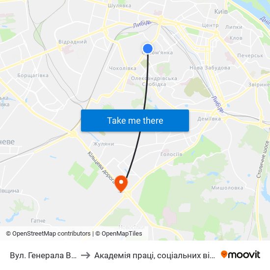 Вул. Генерала Воробйова to Академія праці, соціальних відносин і туризму map