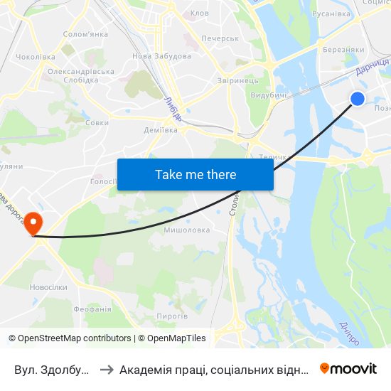 Вул. Здолбунівська to Академія праці, соціальних відносин і туризму map