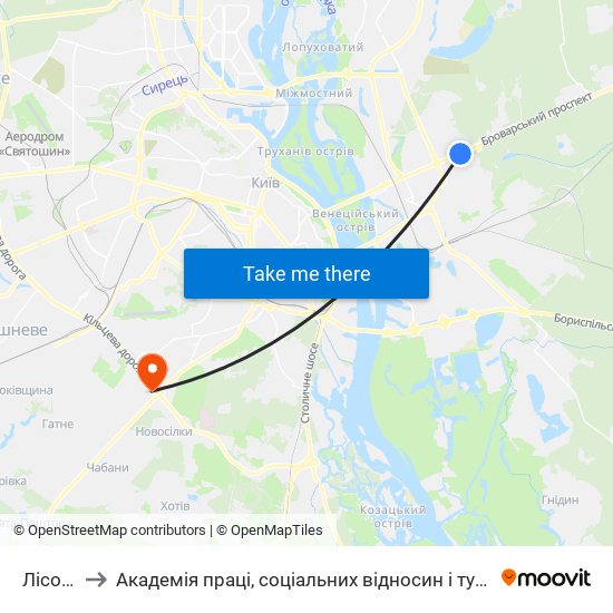 Лісова to Академія праці, соціальних відносин і туризму map