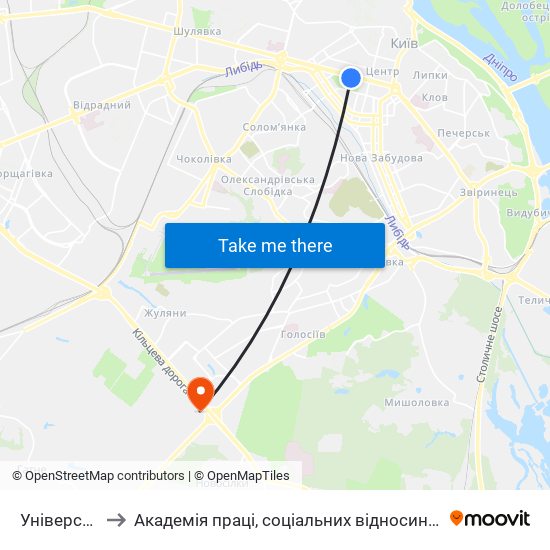 Університет to Академія праці, соціальних відносин і туризму map