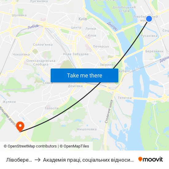 Лівобережна to Академія праці, соціальних відносин і туризму map