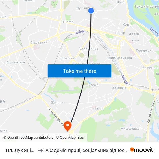 Пл. Лук'Янівська to Академія праці, соціальних відносин і туризму map