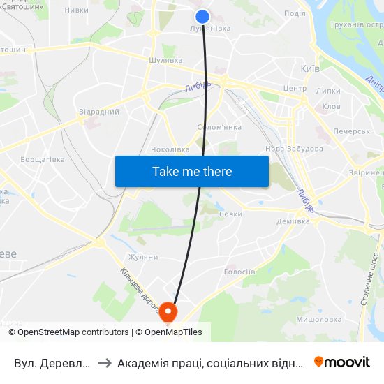 Вул. Деревлянська to Академія праці, соціальних відносин і туризму map