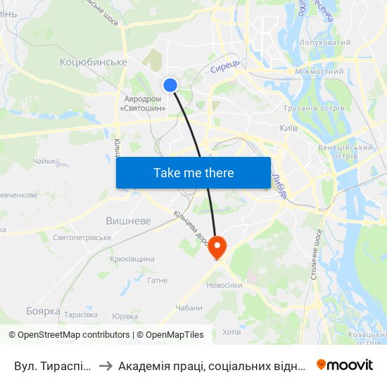 Вул. Тираспільська to Академія праці, соціальних відносин і туризму map