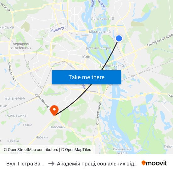 Вул. Петра Запорожця to Академія праці, соціальних відносин і туризму map