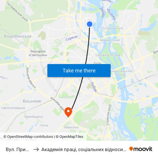 Вул. Прирічна to Академія праці, соціальних відносин і туризму map