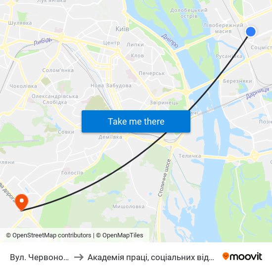 Вул. Червоноткацька to Академія праці, соціальних відносин і туризму map