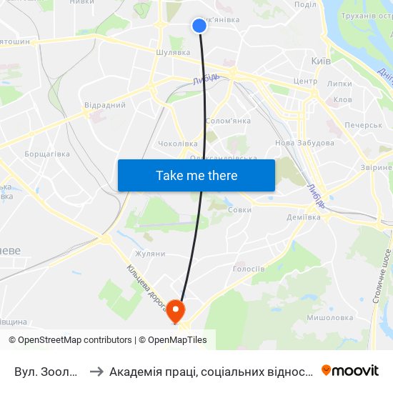 Вул. Зоологічна to Академія праці, соціальних відносин і туризму map