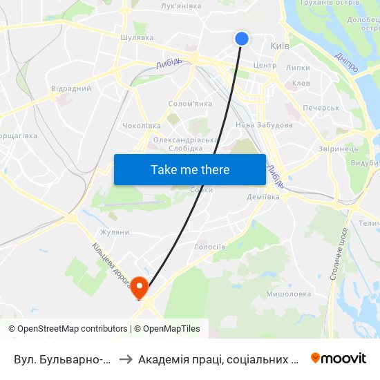 Вул. Бульварно-Кудрявська to Академія праці, соціальних відносин і туризму map