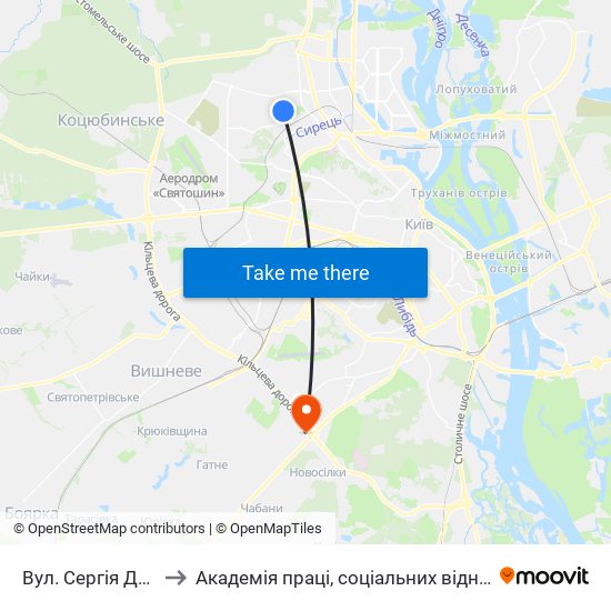 Вул. Сергія Данченка to Академія праці, соціальних відносин і туризму map