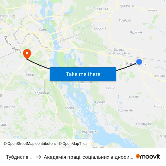 Тубдиспансер to Академія праці, соціальних відносин і туризму map
