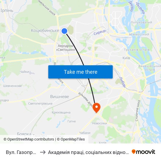 Вул. Газопровідна to Академія праці, соціальних відносин і туризму map