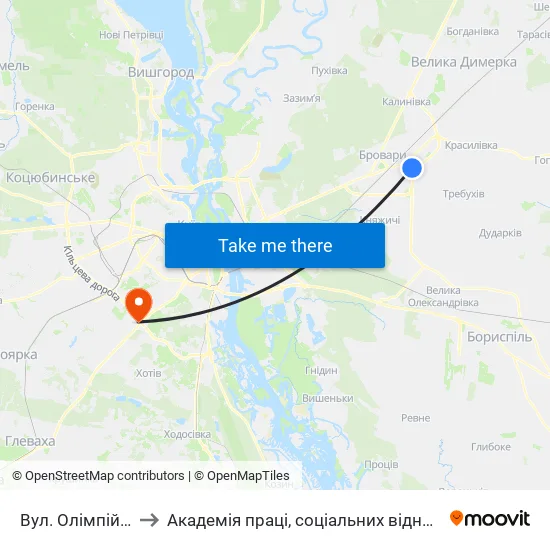 Вул. Олімпійська-1 to Академія праці, соціальних відносин і туризму map