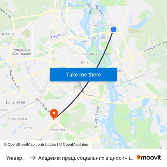 Універсам to Академія праці, соціальних відносин і туризму map