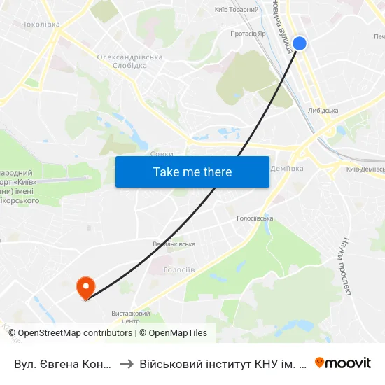 Вул. Євгена Коновальця to Військовий інститут КНУ ім. Т. Шевченка map