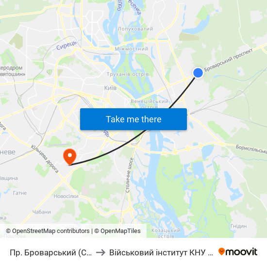 Пр. Броварський (Ст. М. Лісова) to Військовий інститут КНУ ім. Т. Шевченка map