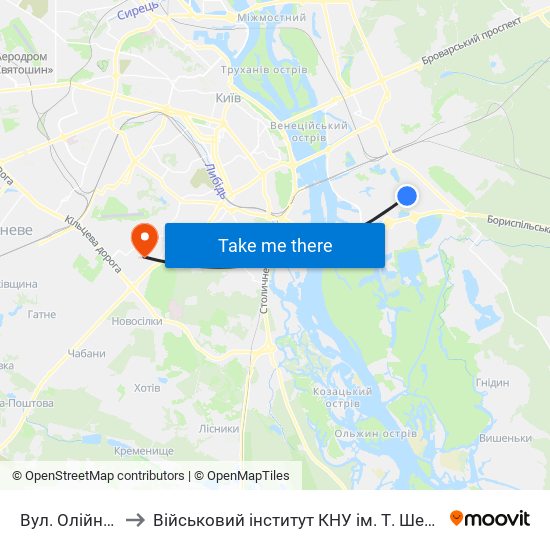 Вул. Олійника to Військовий інститут КНУ ім. Т. Шевченка map