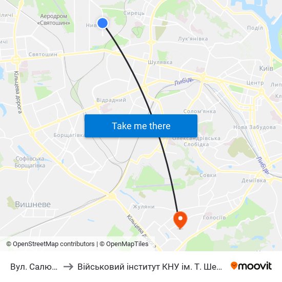 Вул. Салютна to Військовий інститут КНУ ім. Т. Шевченка map