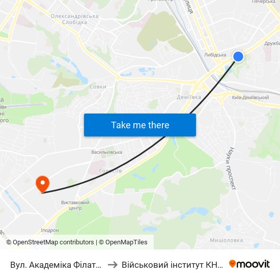 Вул. Академіка Філатова (На Вимогу) to Військовий інститут КНУ ім. Т. Шевченка map