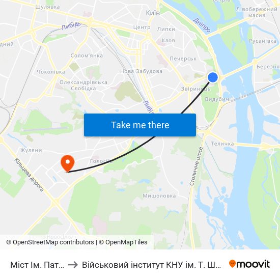 Міст Ім. Патона to Військовий інститут КНУ ім. Т. Шевченка map
