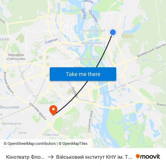 Кінотеатр Флоренція to Військовий інститут КНУ ім. Т. Шевченка map